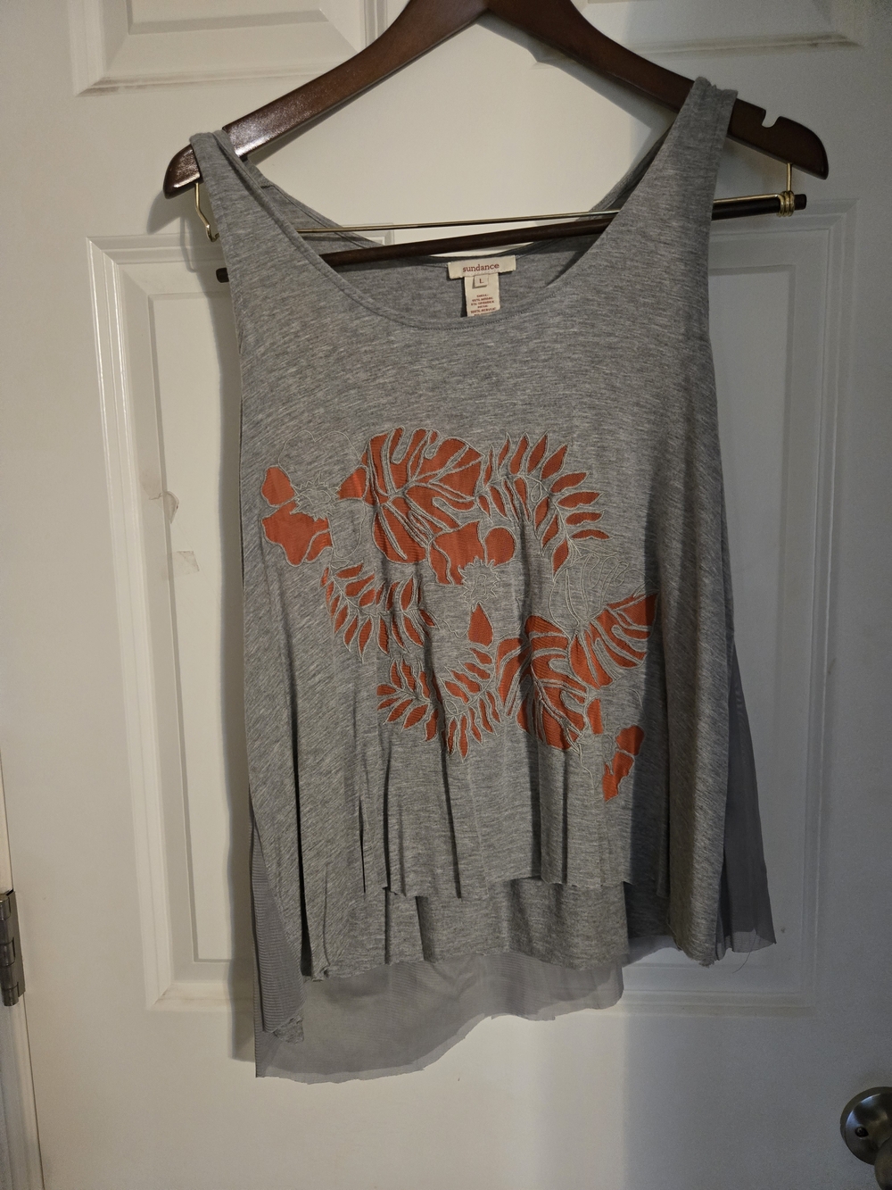 Sundance Gray Tank with Orange Leaf Motif. Size Large